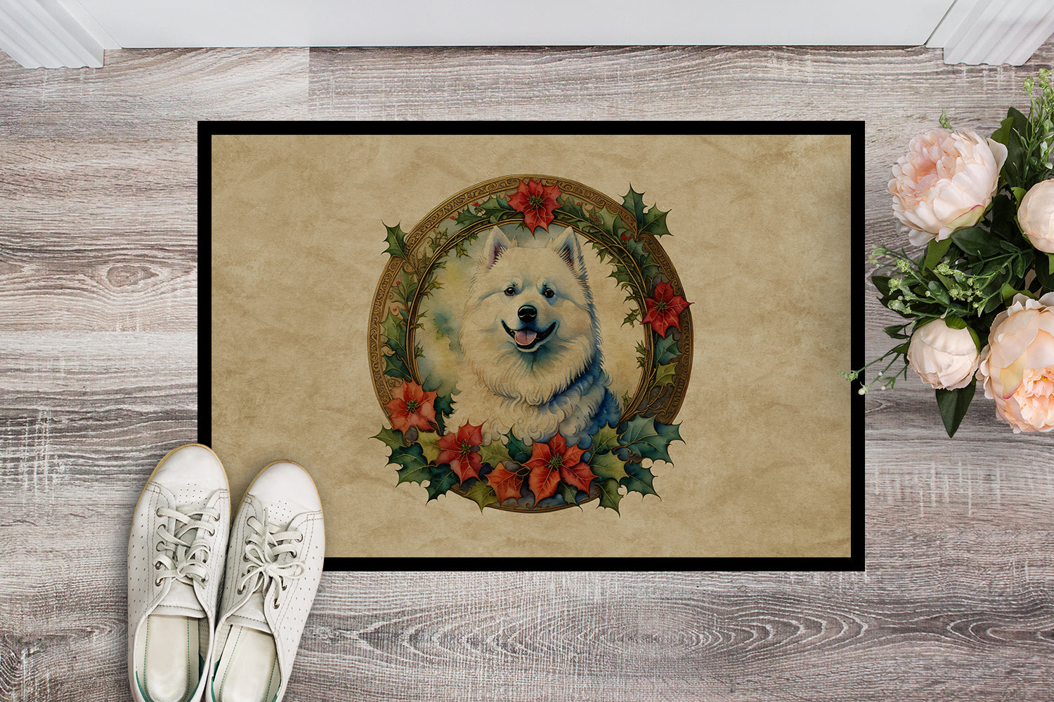 Samoyed Christmas Flowers Doormat Indoor Outdoor 24H X 36W Front Door Mat Rugs for Entryway, Non Slip Washable Low Pile,