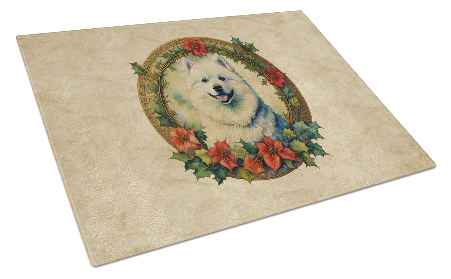 Samoyed Christmas Flowers Cutting Board Tempered Glass Kitchen Cutting Surface, Heat Resistant Chopping, Non-Slip Feet, Food Prep & Serving