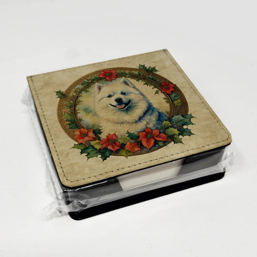 Samoyed Christmas Flowers PU Leather Note Paper Holder with Artist-Designed Cover, Desk Accessory, Office Gift