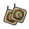 Samoyed Christmas Flowers Pot Holder Set of 2 Heat Resistant Quilted Hot Pads 7.5 x 7.5 Inch, Insulated Kitchen Trivets for Cooking & Baking