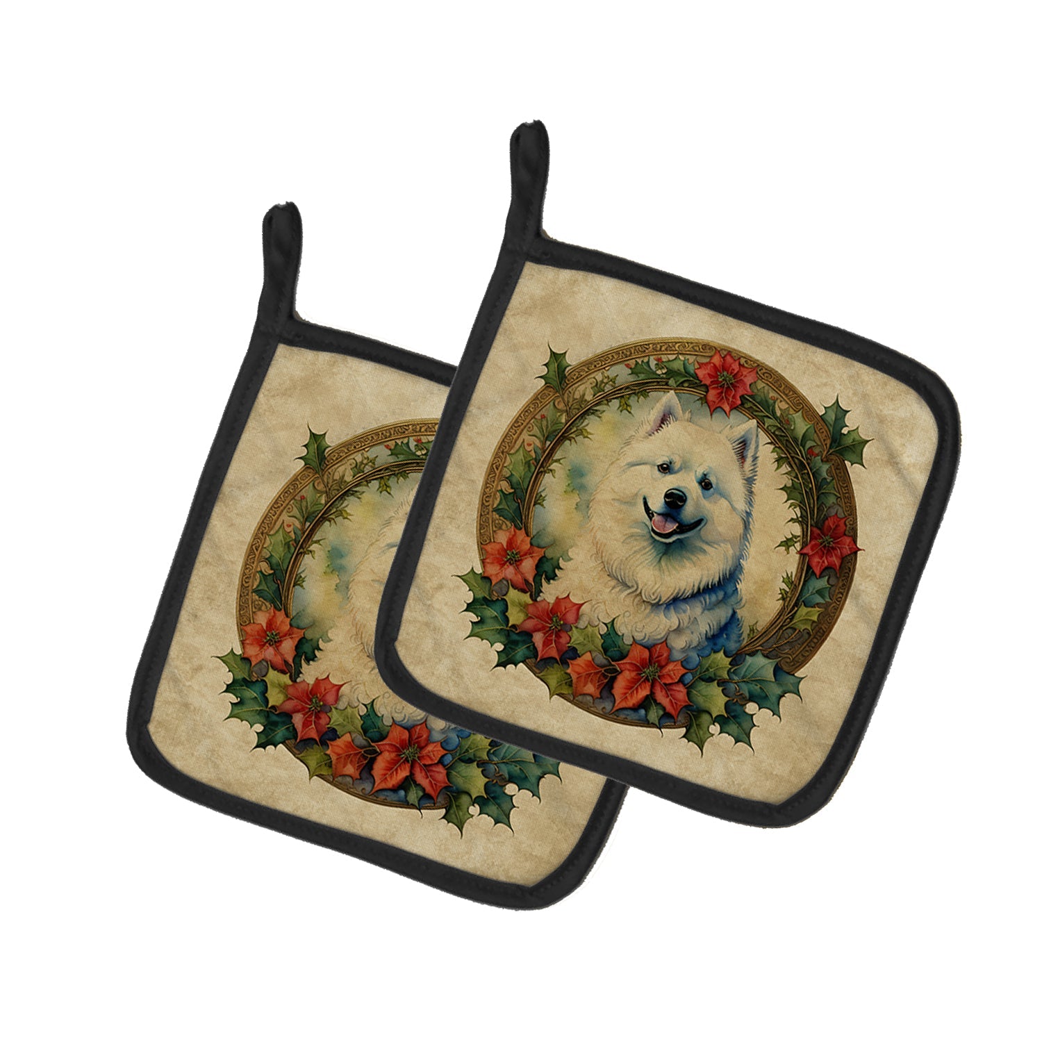 Samoyed Christmas Flowers Pot Holder Set of 2 Heat Resistant Quilted Hot Pads 7.5 x 7.5 Inch, Insulated Kitchen Trivets for Cooking & Baking