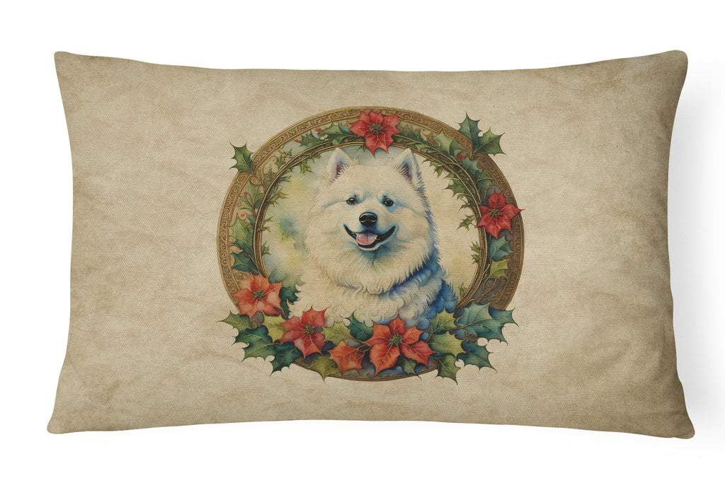 Samoyed Christmas Flowers Decorative Throw Pillow 12x16 Indoor Outdoor Accent Cushion, Fabric Cover with Insert for Sofa, Bed, Porch & Living Room