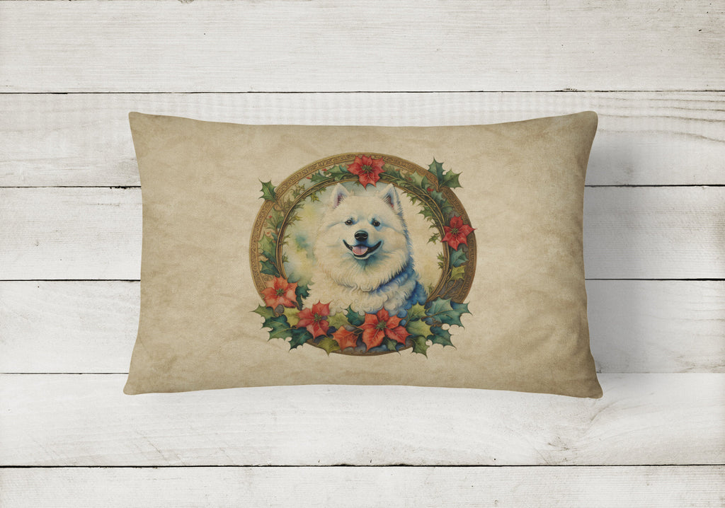 Samoyed Christmas Flowers Decorative Throw Pillow 12x16 Indoor Outdoor Accent Cushion, Fabric Cover with Insert for Sofa, Bed, Porch & Living Room