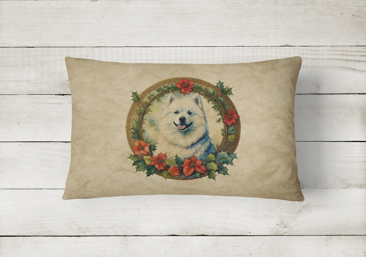 Samoyed Christmas Flowers Decorative Throw Pillow 12x16 Indoor Outdoor Accent Cushion, Fabric Cover with Insert for Sofa, Bed, Porch & Living Room
