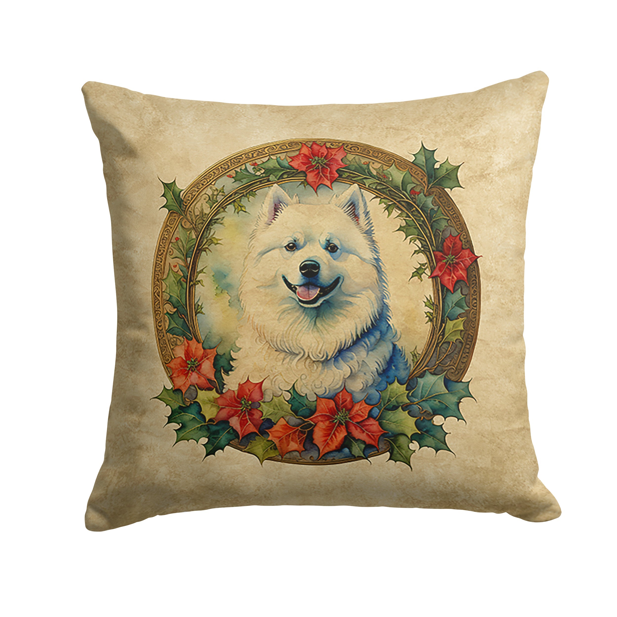 Samoyed Christmas Flowers Decorative Throw Pillow 14x14 Indoor Outdoor Accent Cushion, Fabric Cover with Insert for Sofa, Bed, Porch & Living Room