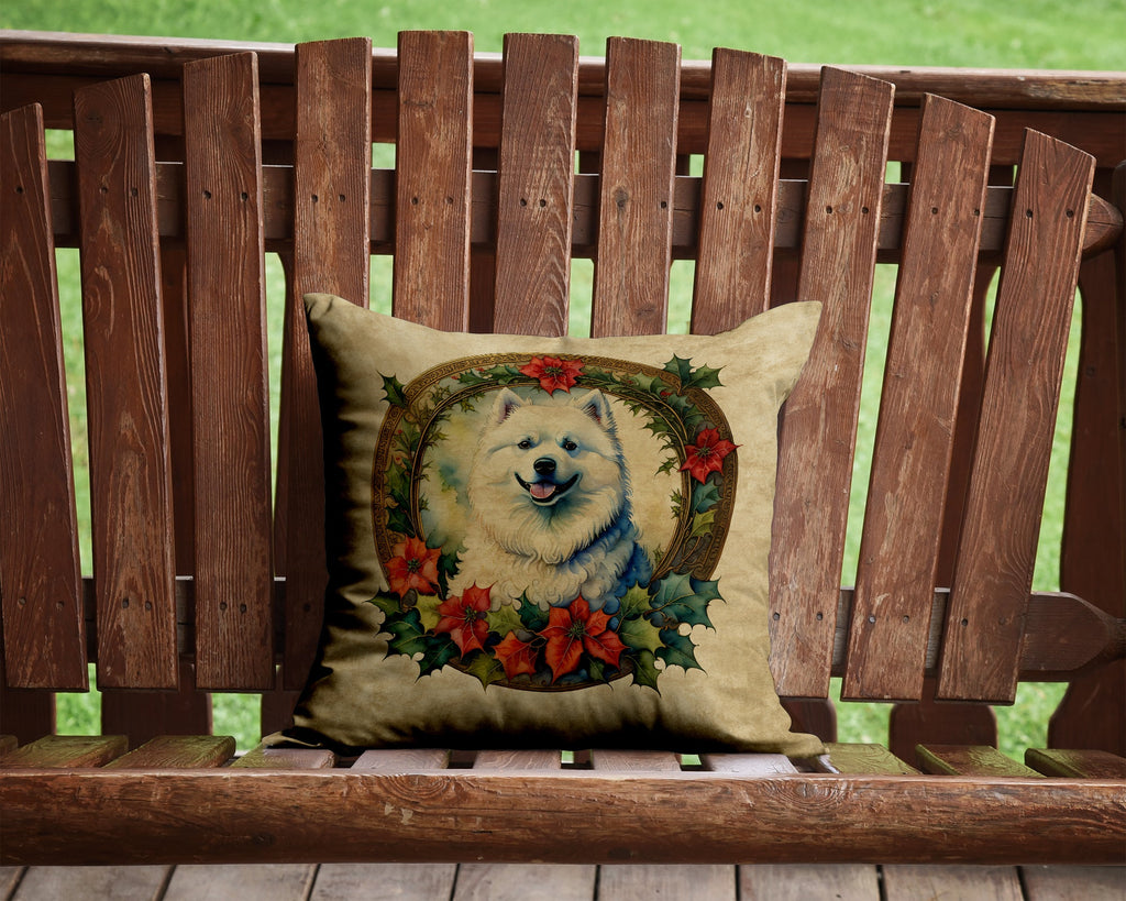 Samoyed Christmas Flowers Decorative Throw Pillow 14x14 Indoor Outdoor Accent Cushion, Fabric Cover with Insert for Sofa, Bed, Porch & Living Room