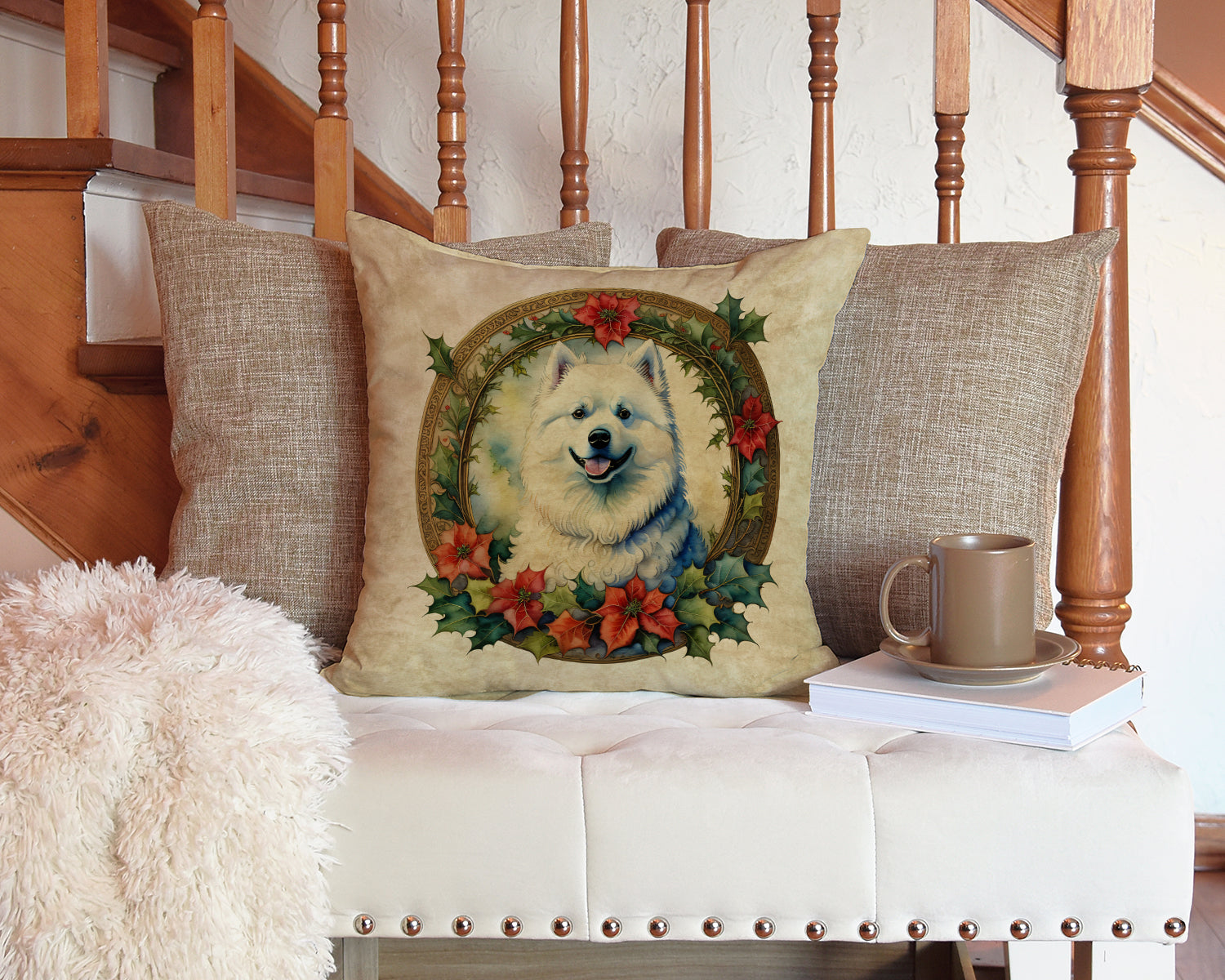Samoyed Christmas Flowers Decorative Throw Pillow 14x14 Indoor Outdoor Accent Cushion, Fabric Cover with Insert for Sofa, Bed, Porch & Living Room