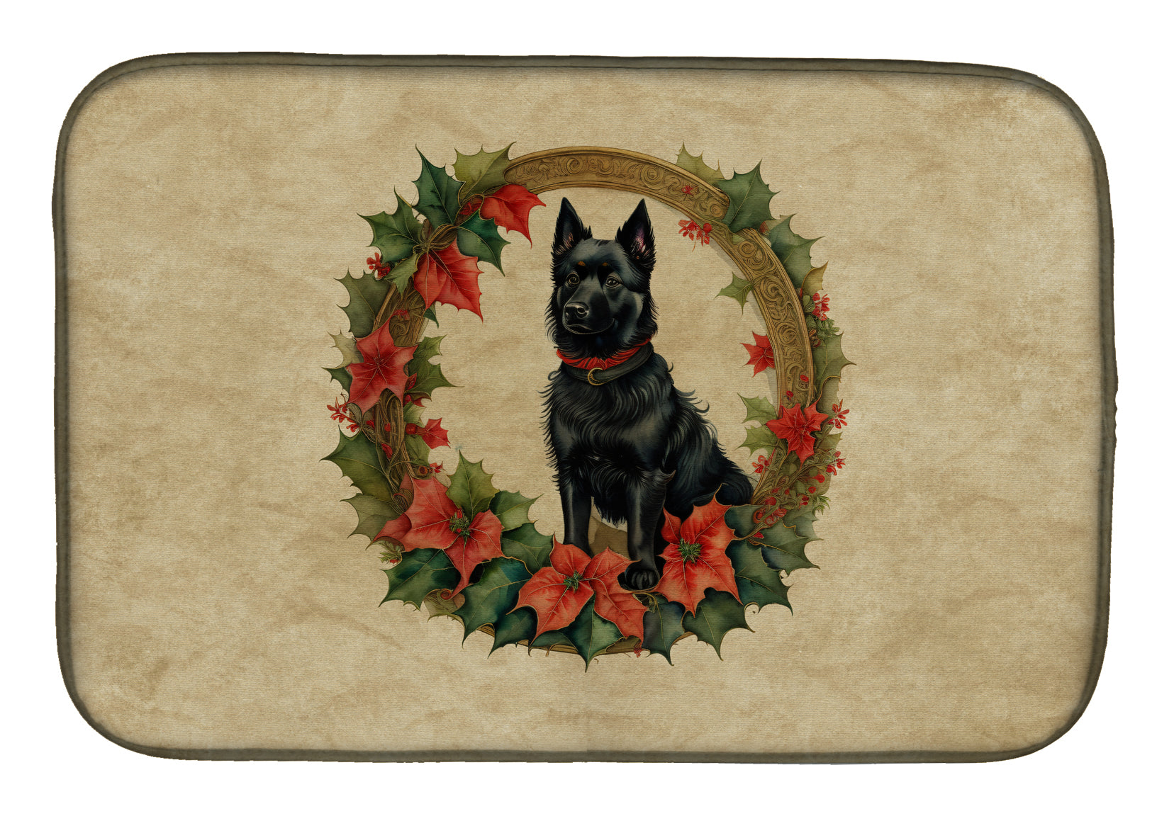Schipperke Christmas Flowers Dish Drying Mat Absorbent Dish Drying Mat Pad for Kitchen Counter Dish Drainer Mat for Countertop, 14 x 21", Multicolor