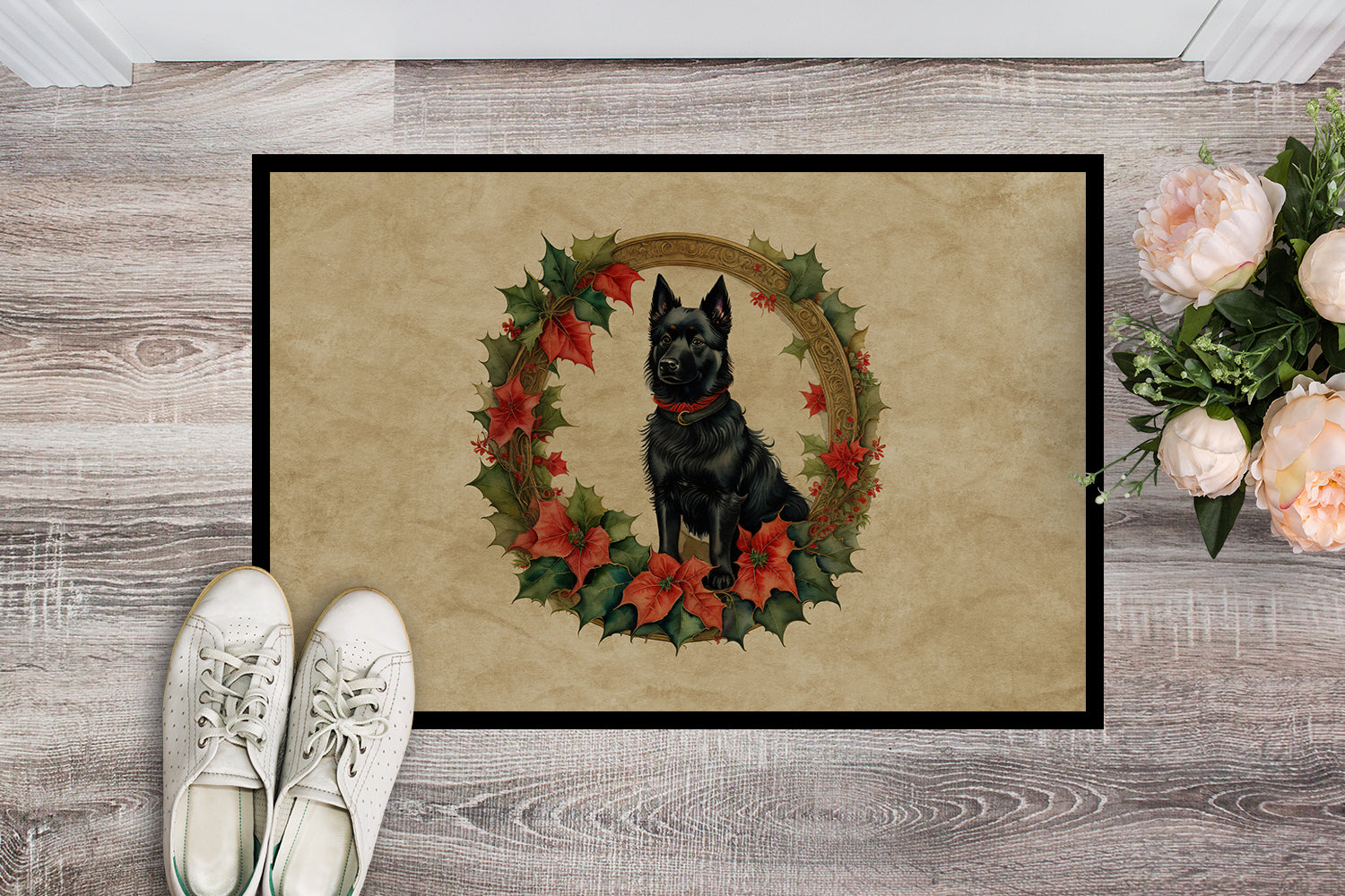 Schipperke Christmas Flowers Doormat Indoor Outdoor 24H X 36W Front Door Mat Rugs for Entryway, Non Slip Washable Low Pile,