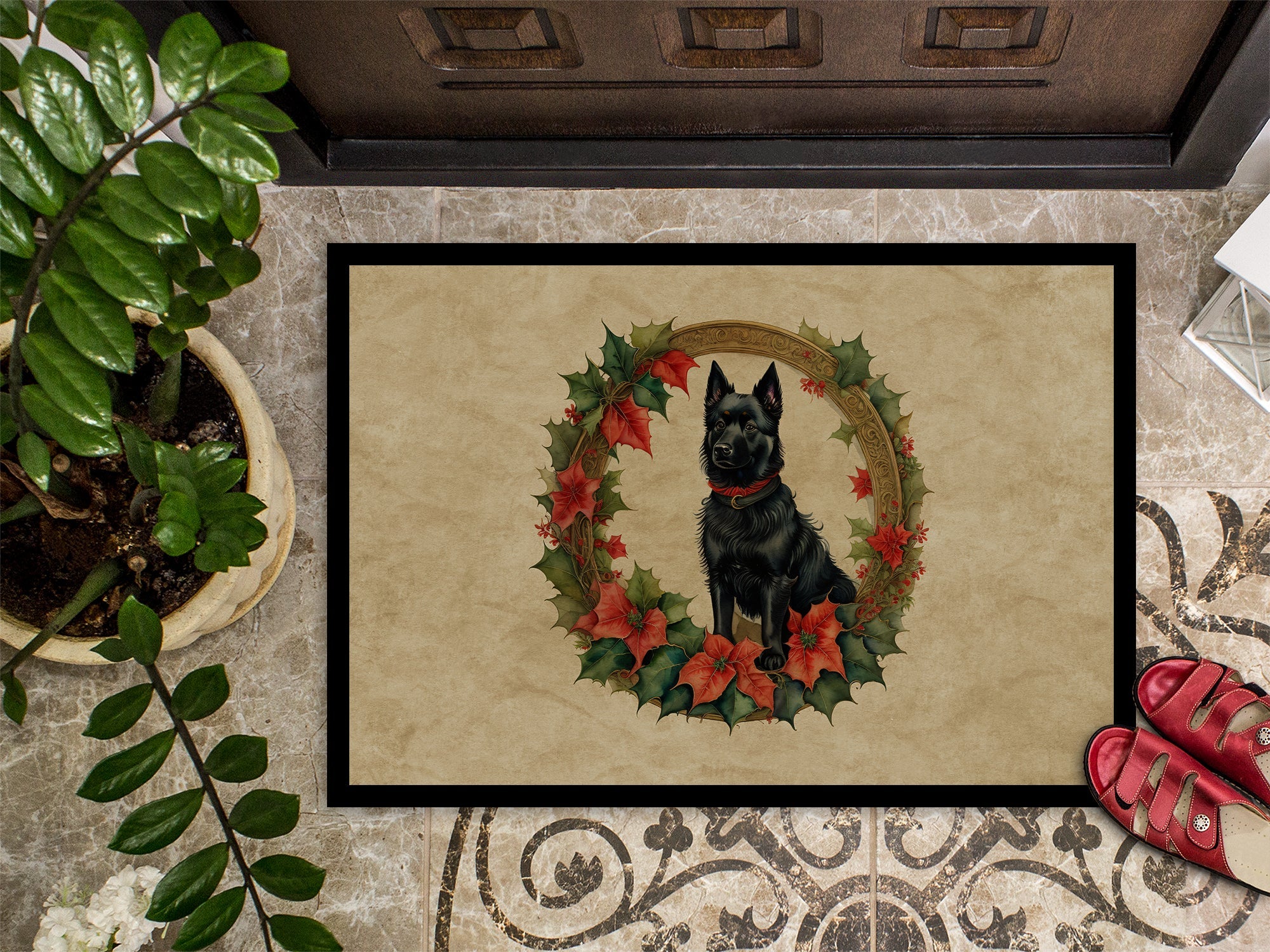 Schipperke Christmas Flowers Doormat Indoor Outdoor 24H X 36W Front Door Mat Rugs for Entryway, Non Slip Washable Low Pile,