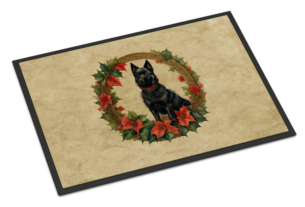 Schipperke Christmas Flowers Doormat Indoor Outdoor 18H X 27W Front Door Mat Rugs for Entryway, Non Slip Washable