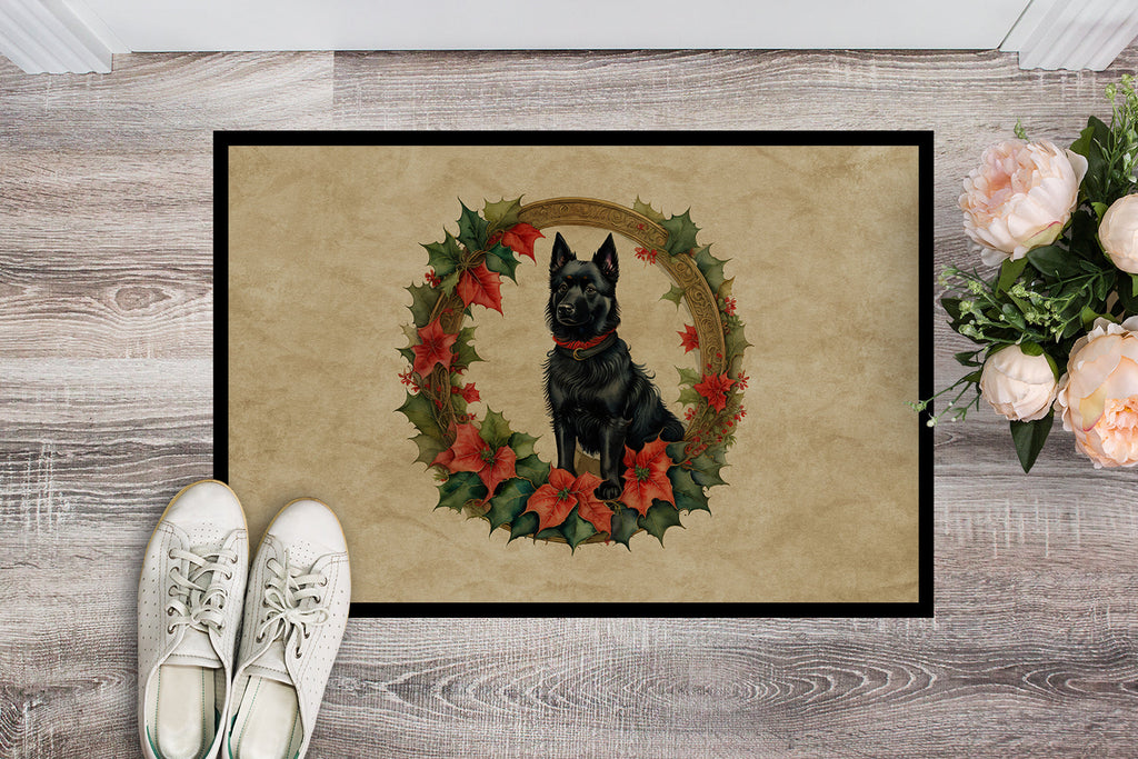 Schipperke Christmas Flowers Doormat Indoor Outdoor 18H X 27W Front Door Mat Rugs for Entryway, Non Slip Washable