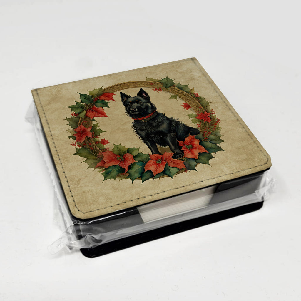 Schipperke Christmas Flowers PU Leather Note Paper Holder with Artist-Designed Cover, Desk Accessory, Office Gift