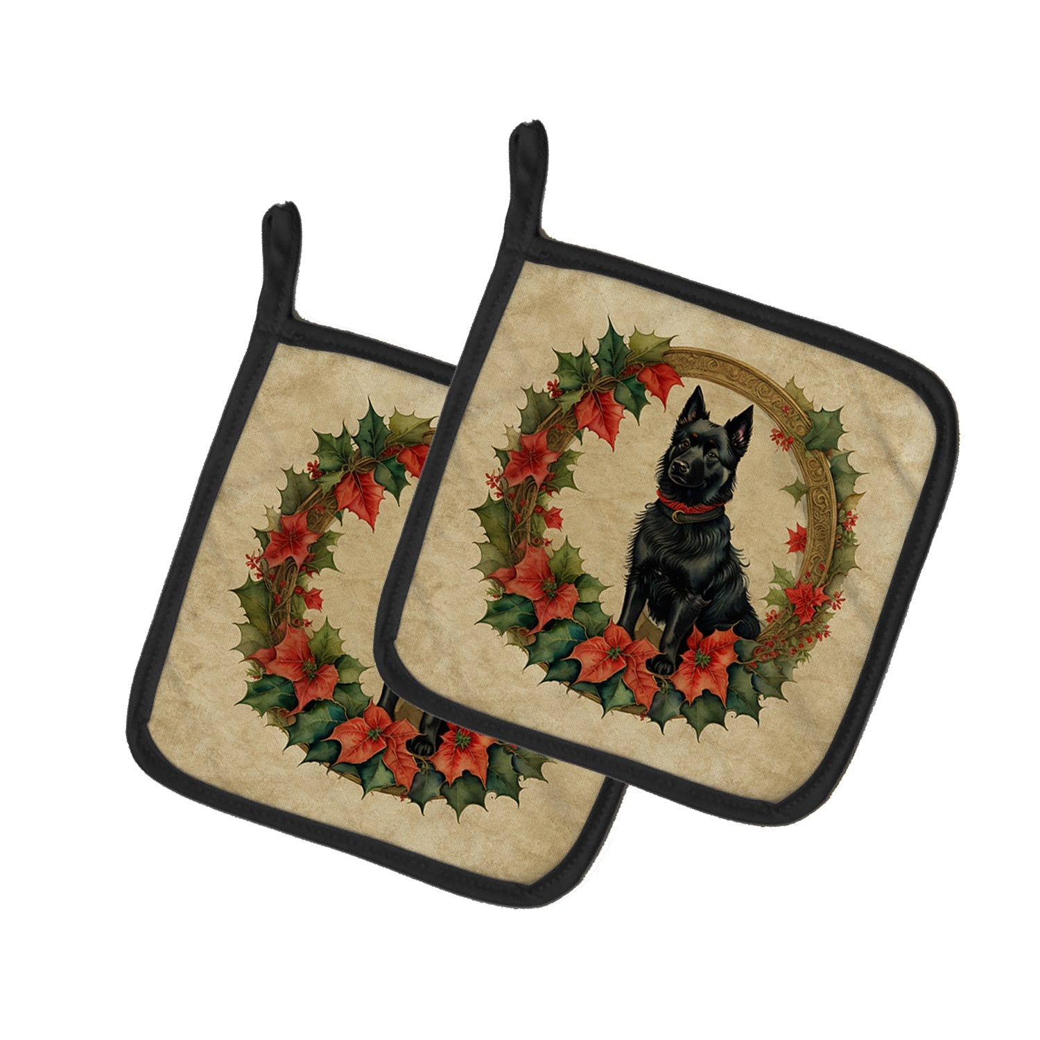 Schipperke Christmas Flowers Pot Holder Set of 2 Heat Resistant Quilted Hot Pads 7.5 x 7.5 Inch, Insulated Kitchen Trivets for Cooking & Baking