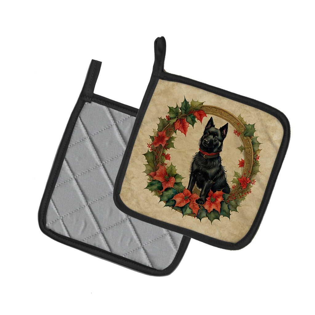 Schipperke Christmas Flowers Pot Holder Set of 2 Heat Resistant Quilted Hot Pads 7.5 x 7.5 Inch, Insulated Kitchen Trivets for Cooking & Baking