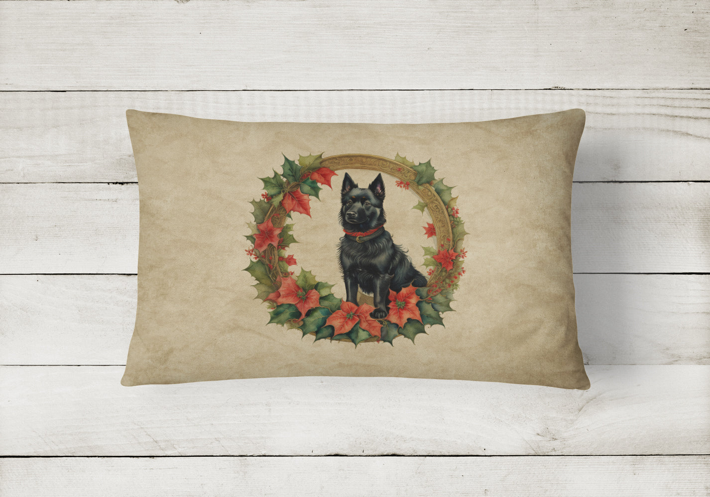 Schipperke Christmas Flowers Decorative Throw Pillow 12x16 Indoor Outdoor Accent Cushion, Fabric Cover with Insert for Sofa, Bed, Porch & Living Room