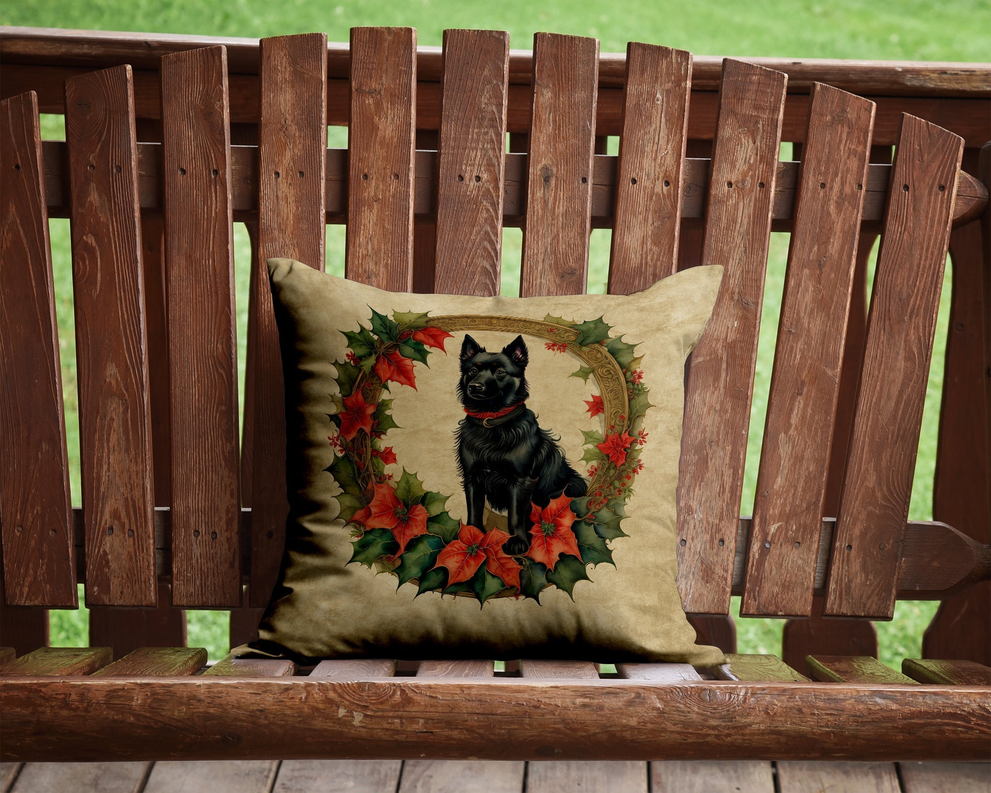 Schipperke Christmas Flowers Decorative Throw Pillow 14x14 Indoor Outdoor Accent Cushion, Fabric Cover with Insert for Sofa, Bed, Porch & Living Room