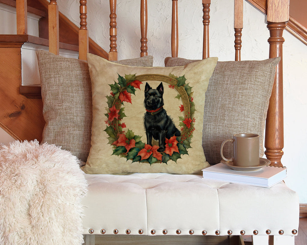 Schipperke Christmas Flowers Decorative Throw Pillow 14x14 Indoor Outdoor Accent Cushion, Fabric Cover with Insert for Sofa, Bed, Porch & Living Room