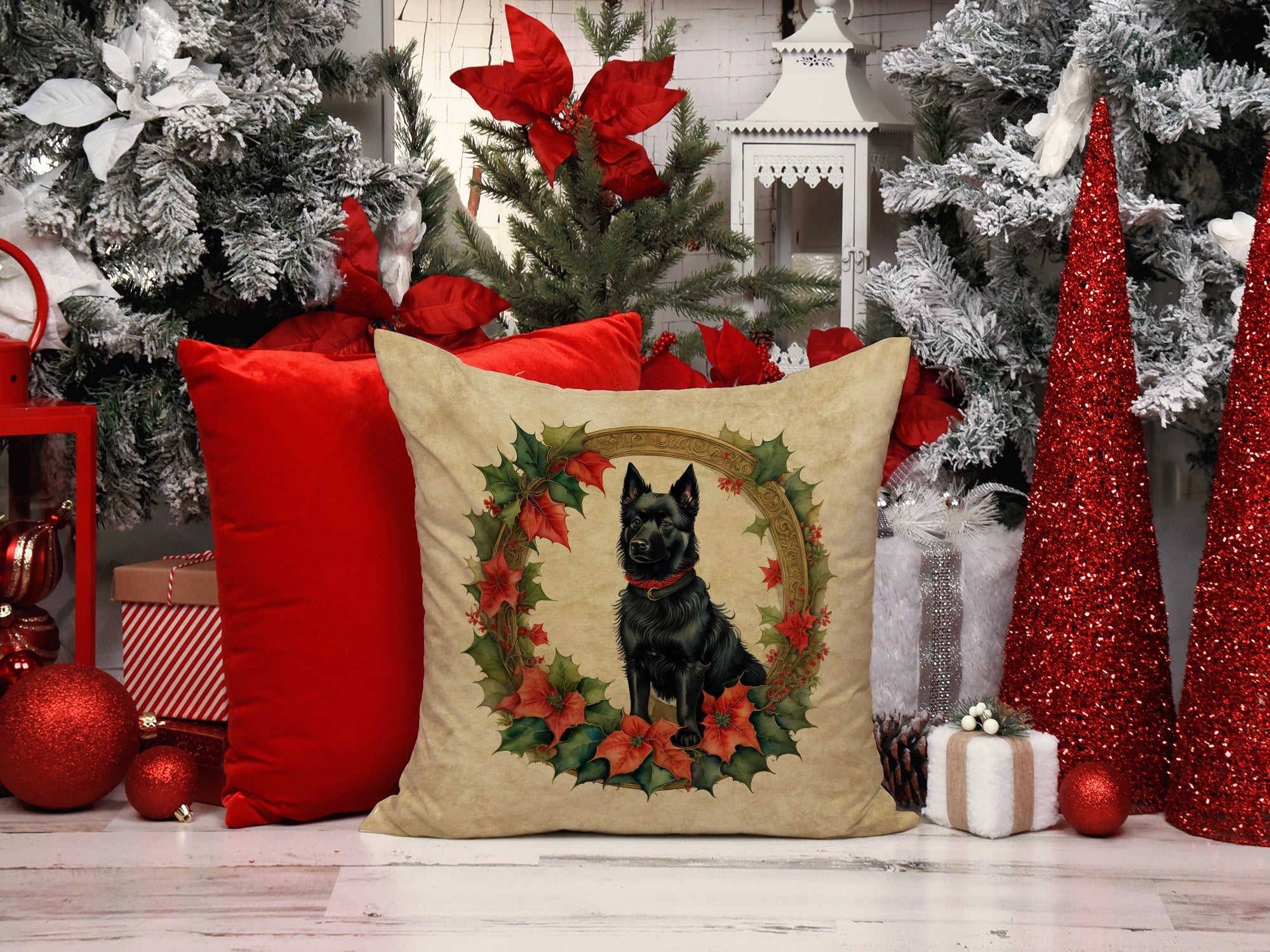 Schipperke Christmas Flowers Decorative Throw Pillow 18x18 Indoor Outdoor Accent Cushion, Fabric Cover with Insert for Sofa, Bed, Porch & Living Room
