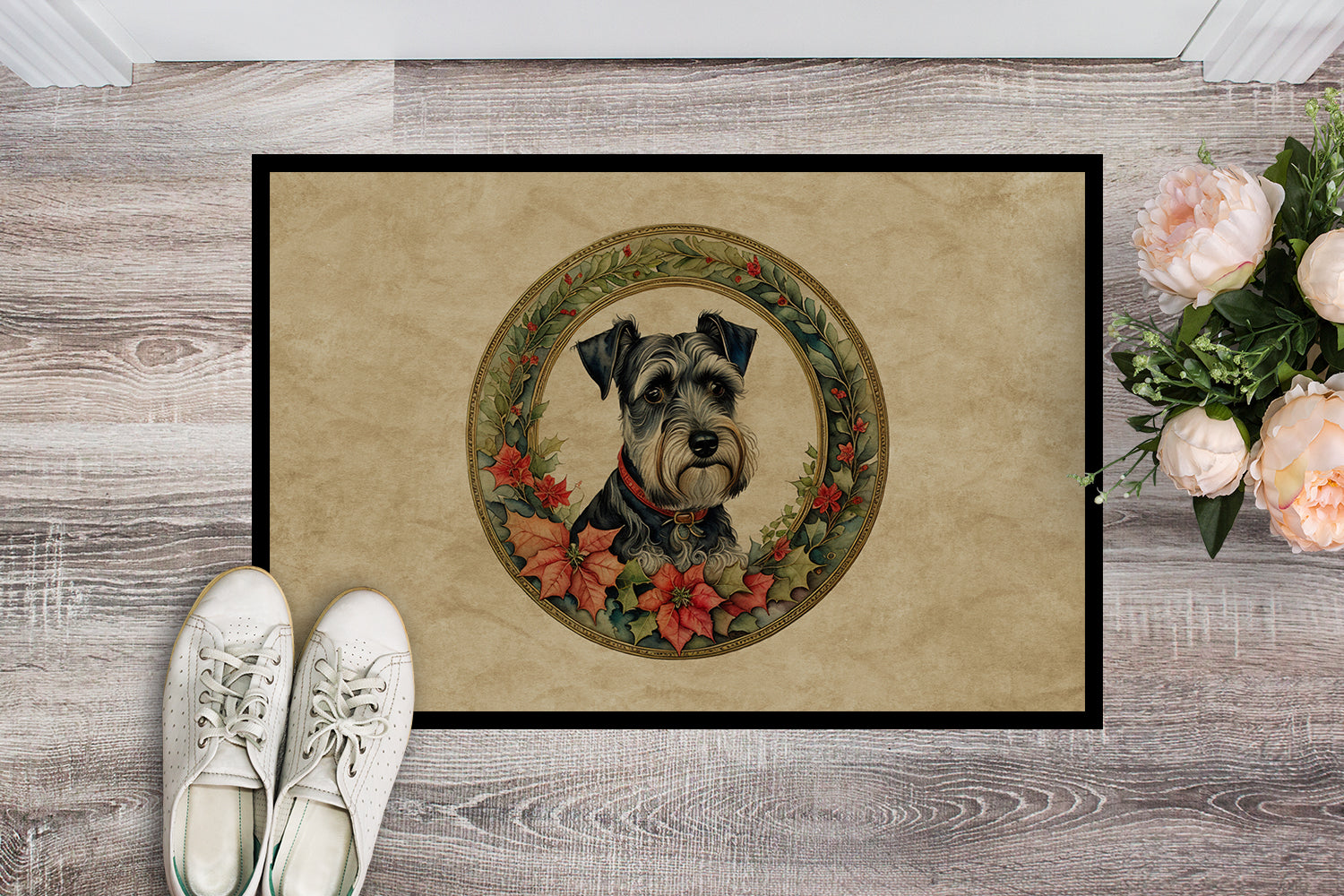 Schnauzer Christmas Flowers Doormat Indoor Outdoor 24H X 36W Front Door Mat Rugs for Entryway, Non Slip Washable Low Pile,