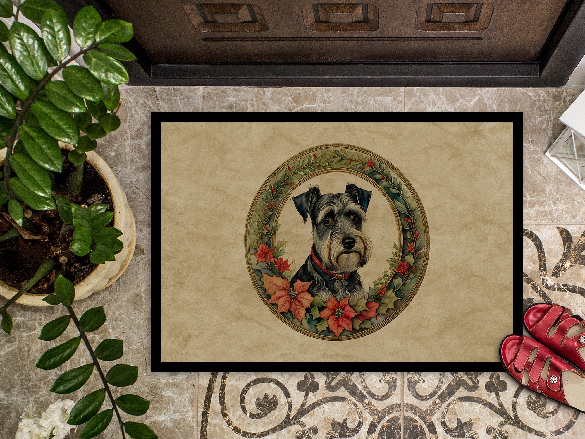 Schnauzer Christmas Flowers Doormat Indoor Outdoor 24H X 36W Front Door Mat Rugs for Entryway, Non Slip Washable Low Pile,