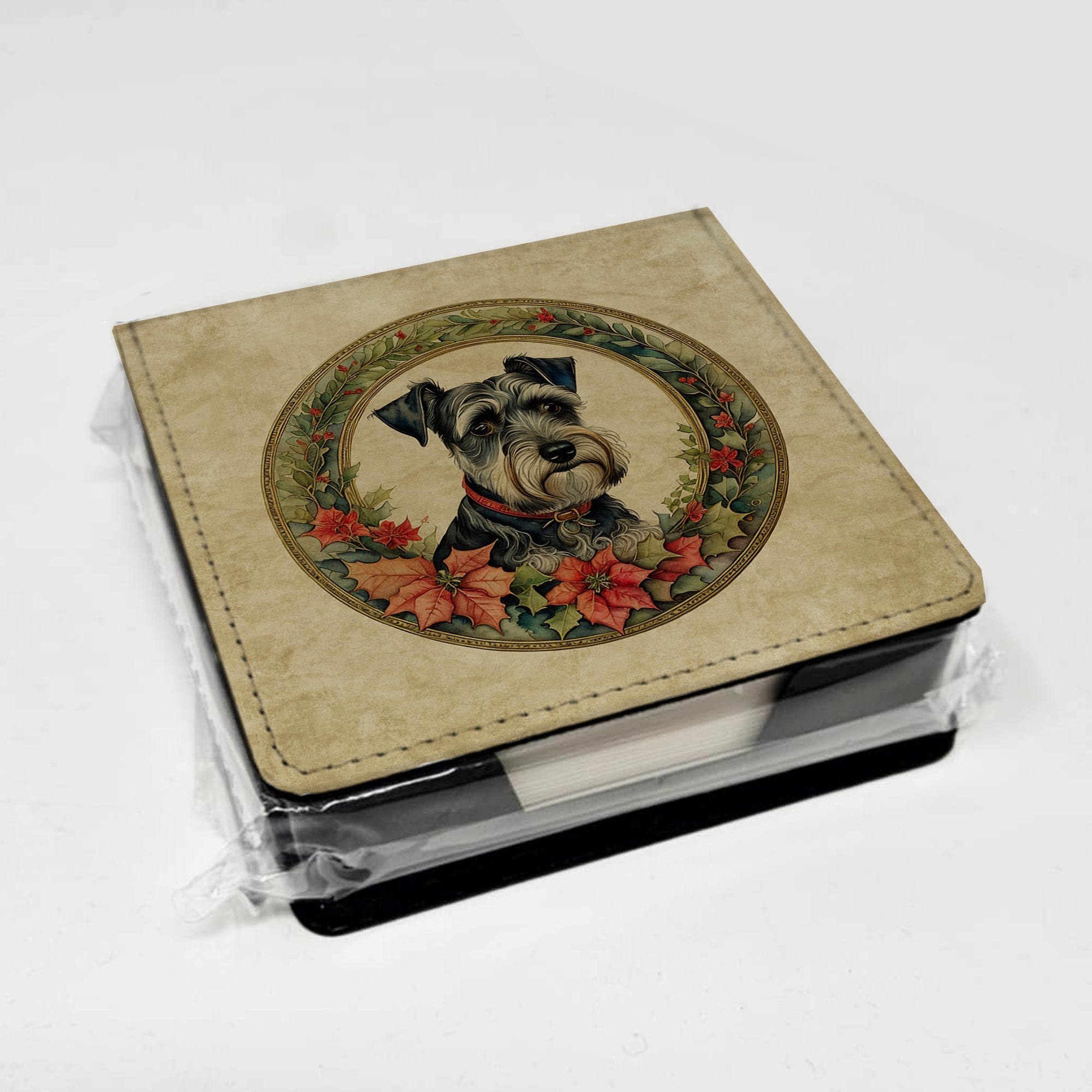 Schnauzer Christmas Flowers PU Leather Note Paper Holder with Artist-Designed Cover, Desk Accessory, Office Gift