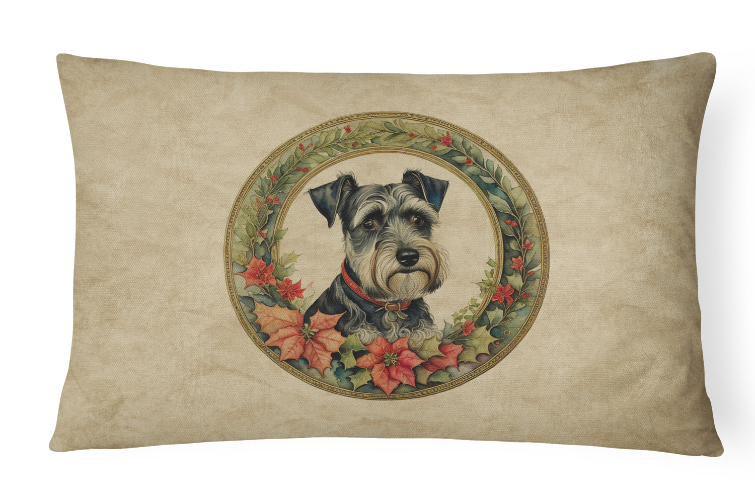 Schnauzer Christmas Flowers Decorative Throw Pillow 12x16 Indoor Outdoor Accent Cushion, Fabric Cover with Insert for Sofa, Bed, Porch & Living Room