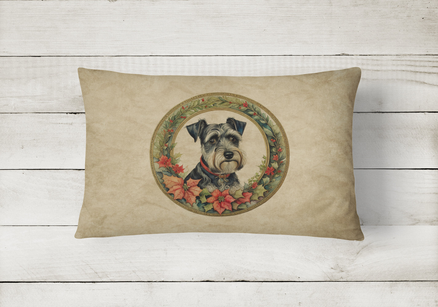 Schnauzer Christmas Flowers Decorative Throw Pillow 12x16 Indoor Outdoor Accent Cushion, Fabric Cover with Insert for Sofa, Bed, Porch & Living Room