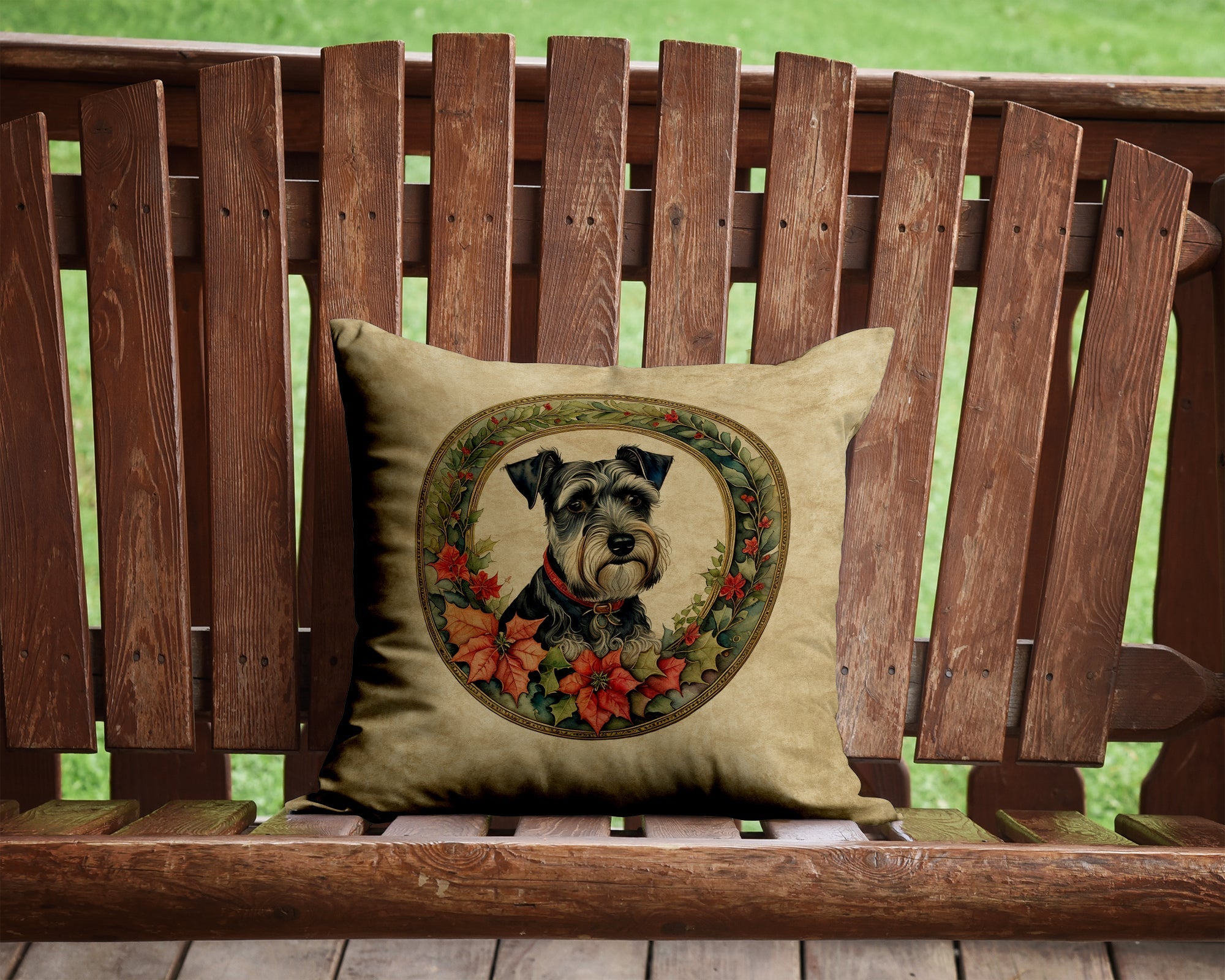 Schnauzer Christmas Flowers Decorative Throw Pillow 14x14 Indoor Outdoor Accent Cushion, Fabric Cover with Insert for Sofa, Bed, Porch & Living Room
