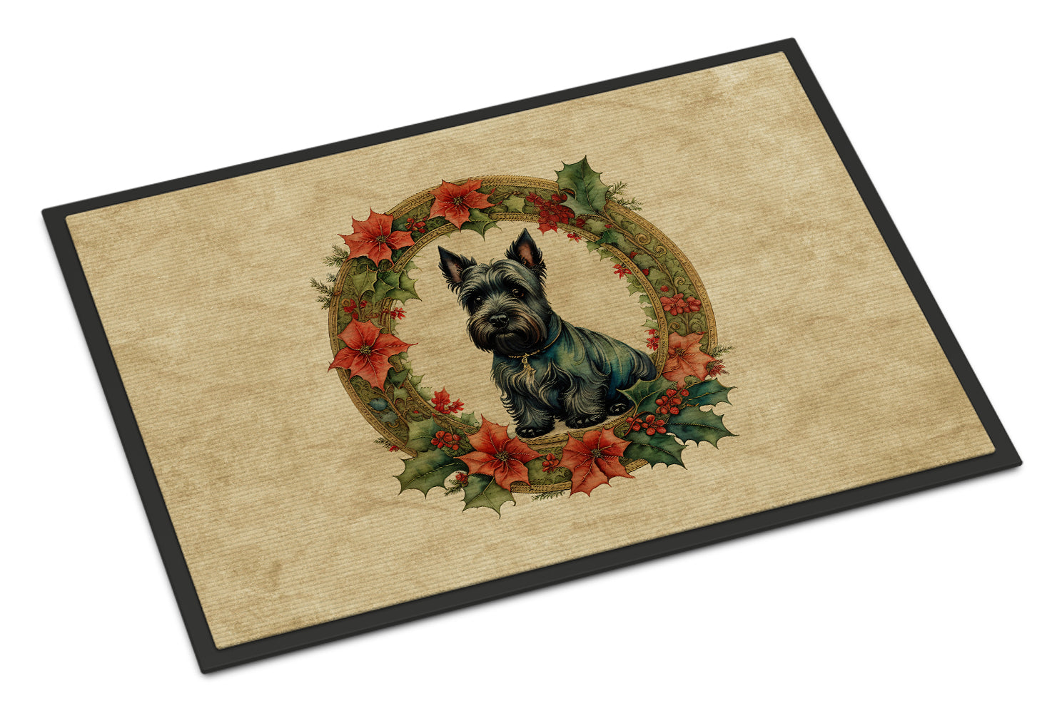 Scottish Terrier Christmas Flowers Doormat Indoor Outdoor 24H X 36W Front Door Mat Rugs for Entryway, Non Slip Washable Low Pile,