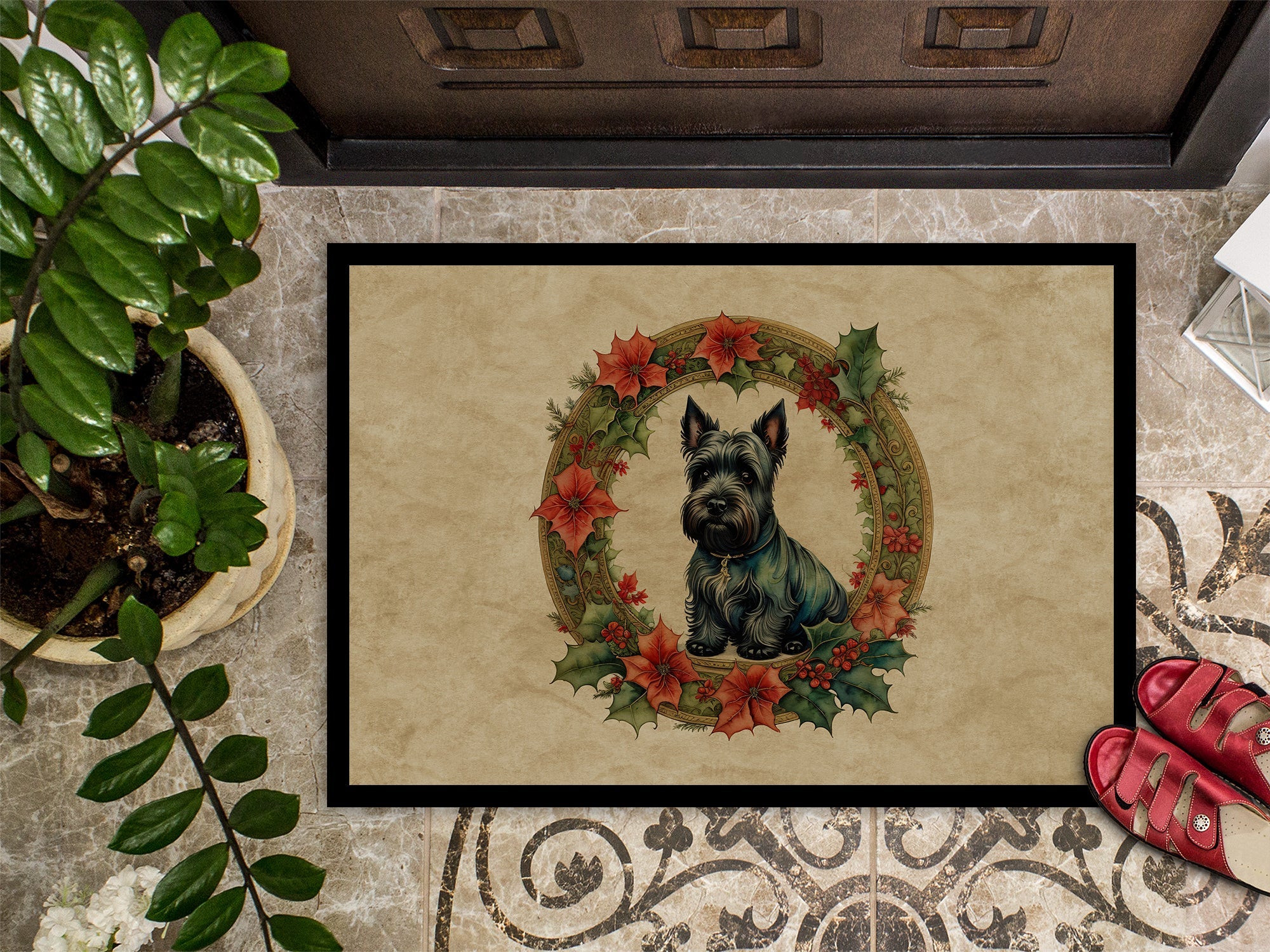 Scottish Terrier Christmas Flowers Doormat Indoor Outdoor 24H X 36W Front Door Mat Rugs for Entryway, Non Slip Washable Low Pile,