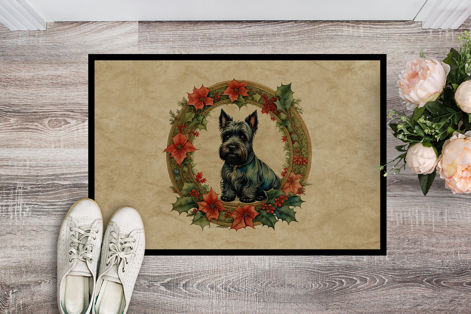 Scottish Terrier Christmas Flowers Doormat Indoor Outdoor 18H X 27W Front Door Mat Rugs for Entryway, Non Slip Washable