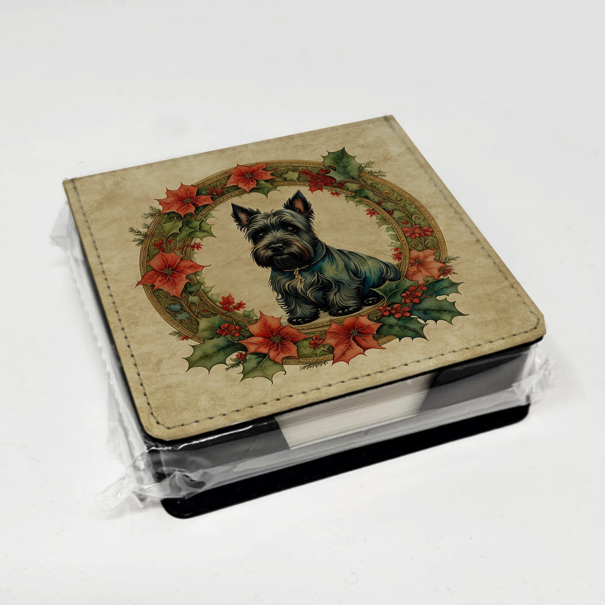 Scottish Terrier Christmas Flowers PU Leather Note Paper Holder with Artist-Designed Cover, Desk Accessory, Office Gift