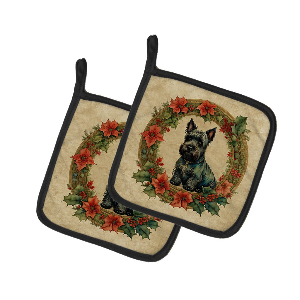Scottish Terrier Christmas Flowers Pot Holder Set of 2 Heat Resistant Quilted Hot Pads 7.5 x 7.5 Inch, Insulated Kitchen Trivets for Cooking & Baking