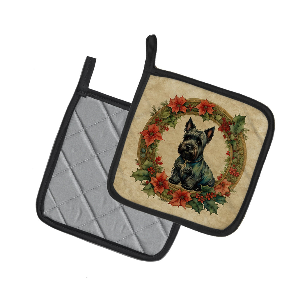 Scottish Terrier Christmas Flowers Pot Holder Set of 2 Heat Resistant Quilted Hot Pads 7.5 x 7.5 Inch, Insulated Kitchen Trivets for Cooking & Baking