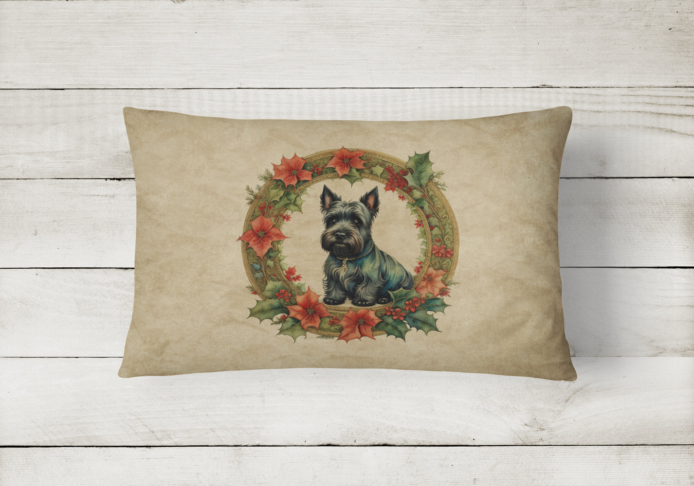 Scottish Terrier Christmas Flowers Decorative Throw Pillow 12x16 Indoor Outdoor Accent Cushion, Fabric Cover with Insert for Sofa, Bed, Porch & Living Room