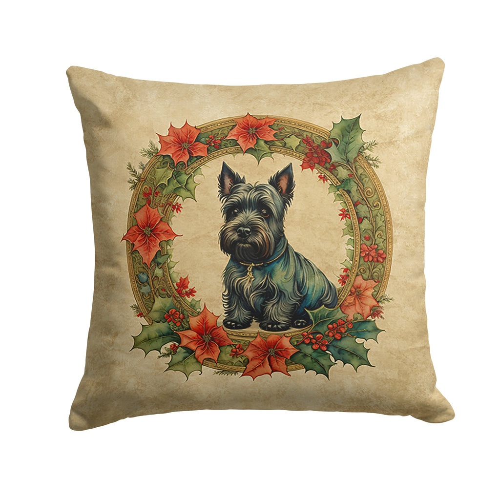 Scottish Terrier Christmas Flowers Decorative Throw Pillow 14x14 Indoor Outdoor Accent Cushion, Fabric Cover with Insert for Sofa, Bed, Porch & Living Room