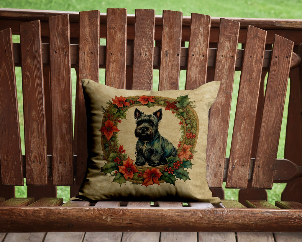 Scottish Terrier Christmas Flowers Decorative Throw Pillow 14x14 Indoor Outdoor Accent Cushion, Fabric Cover with Insert for Sofa, Bed, Porch & Living Room
