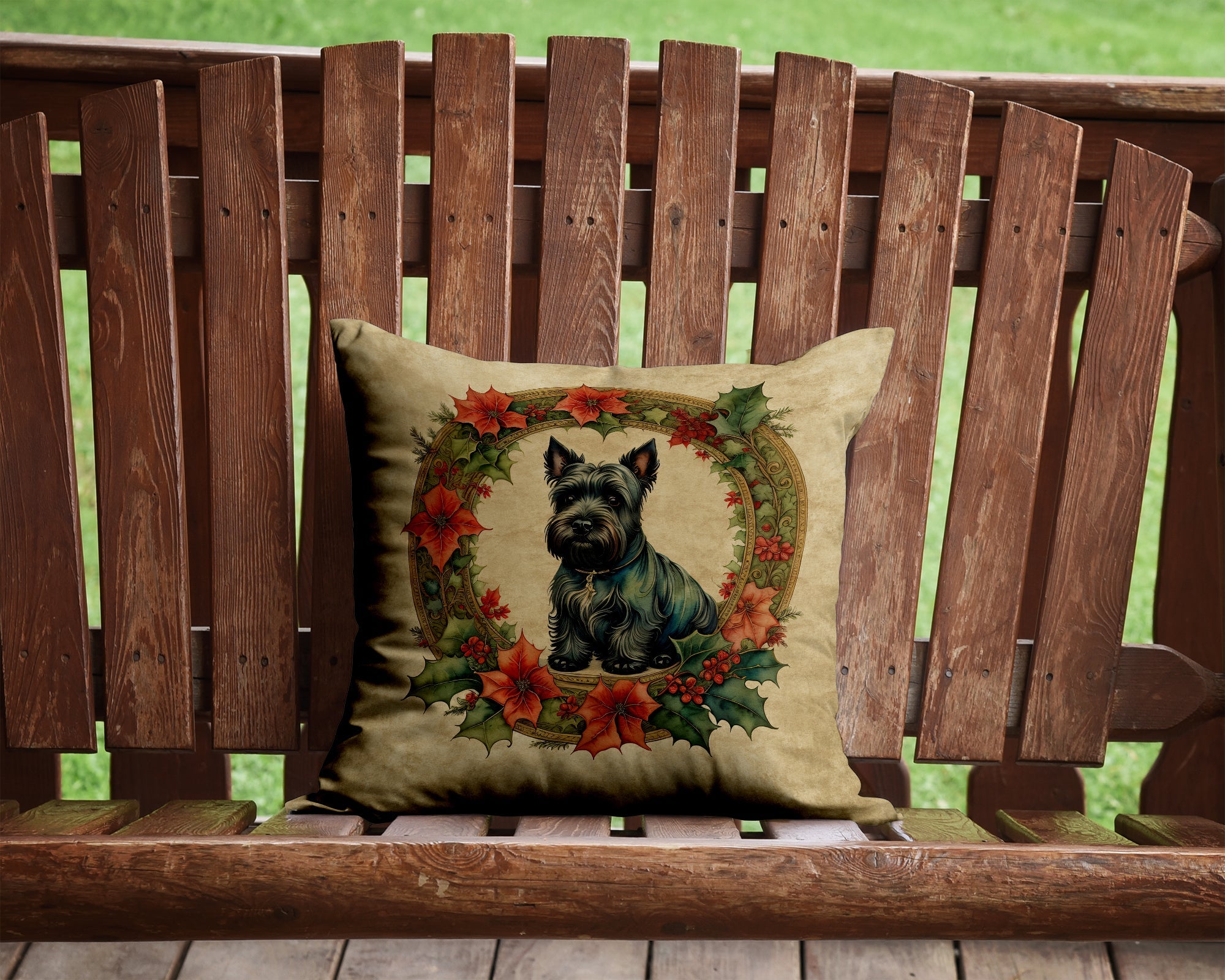 Scottish Terrier Christmas Flowers Decorative Throw Pillow 14x14 Indoor Outdoor Accent Cushion, Fabric Cover with Insert for Sofa, Bed, Porch & Living Room
