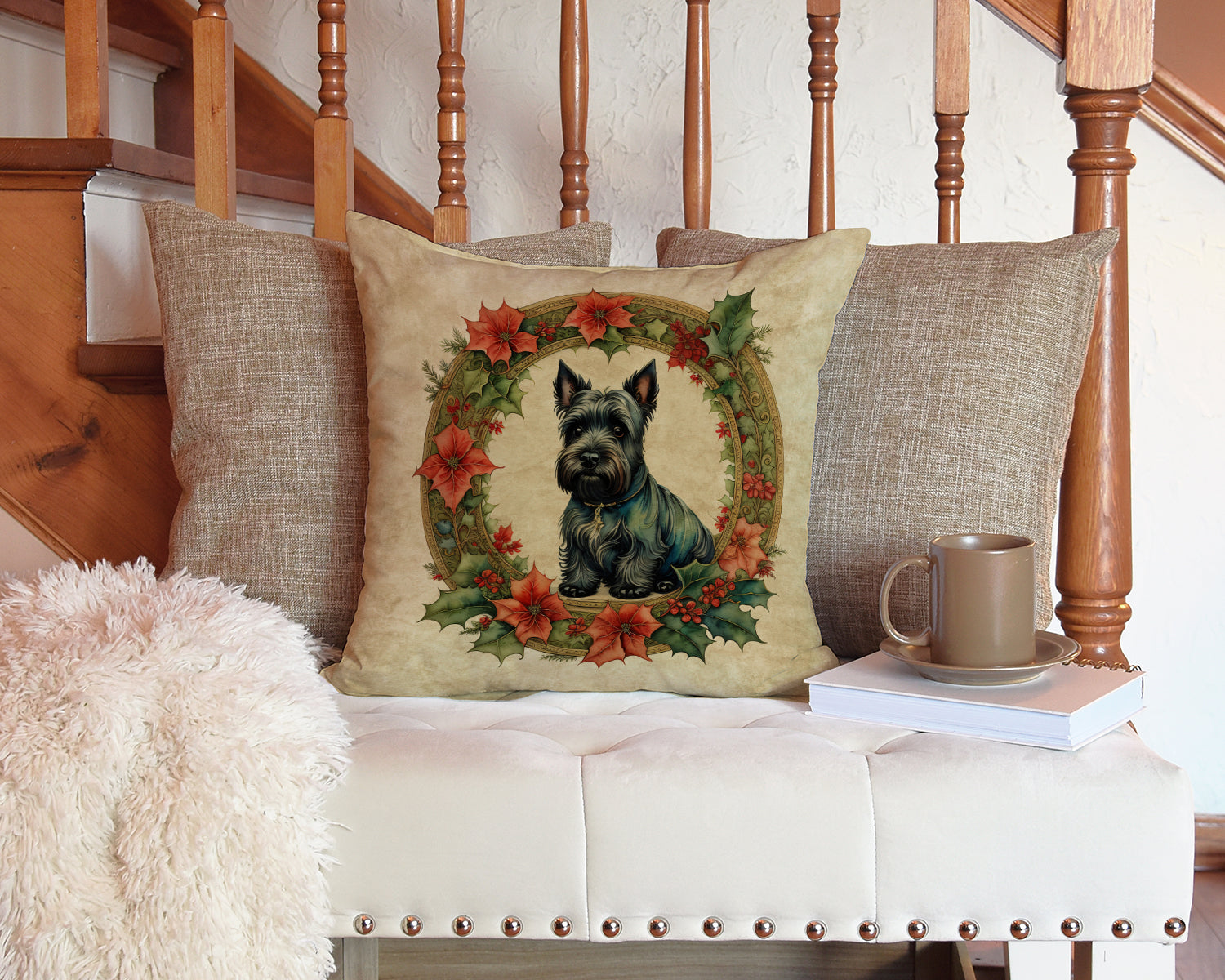 Scottish Terrier Christmas Flowers Decorative Throw Pillow 14x14 Indoor Outdoor Accent Cushion, Fabric Cover with Insert for Sofa, Bed, Porch & Living Room