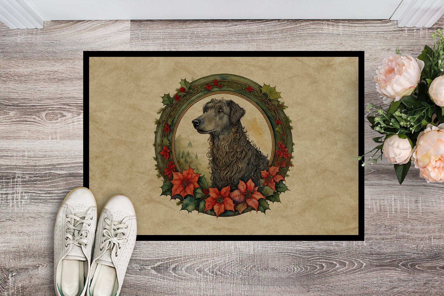 Scottish Deerhound Christmas Flowers Doormat Indoor Outdoor 18H X 27W Front Door Mat Rugs for Entryway, Non Slip Washable