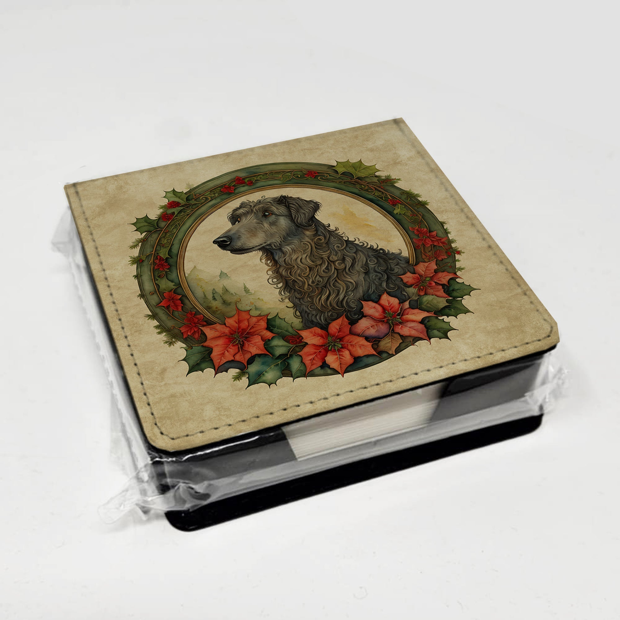 Scottish Deerhound Christmas Flowers PU Leather Note Paper Holder with Artist-Designed Cover, Desk Accessory, Office Gift