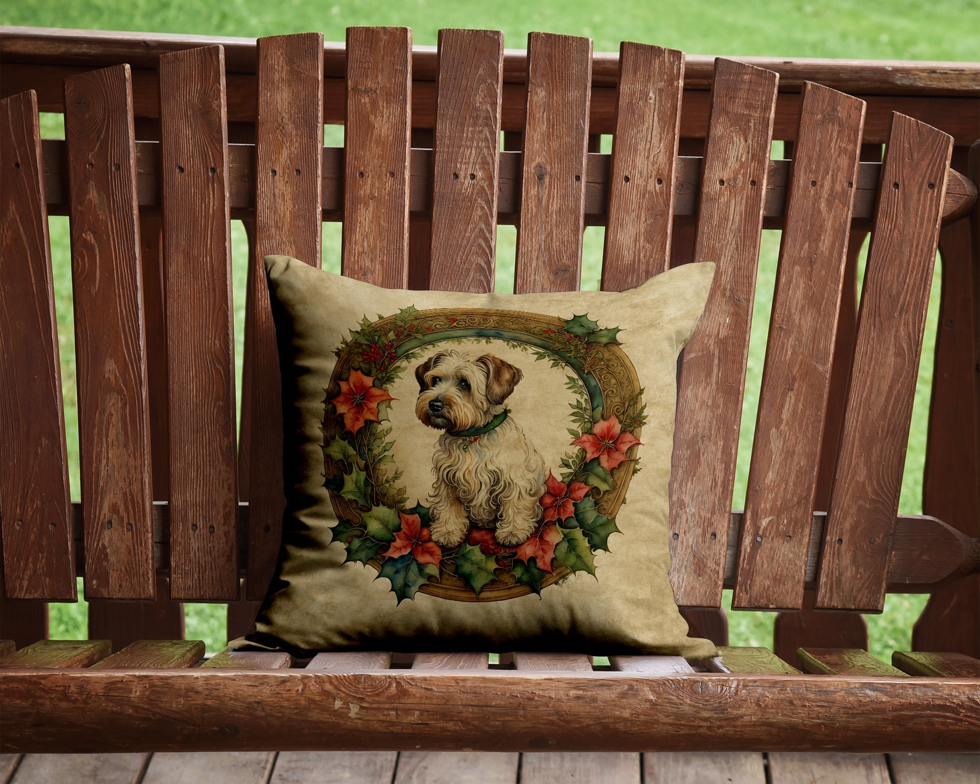 Sealyham Terrier Christmas Flowers Decorative Throw Pillow 14x14 Indoor Outdoor Accent Cushion, Fabric Cover with Insert for Sofa, Bed, Porch & Living Room