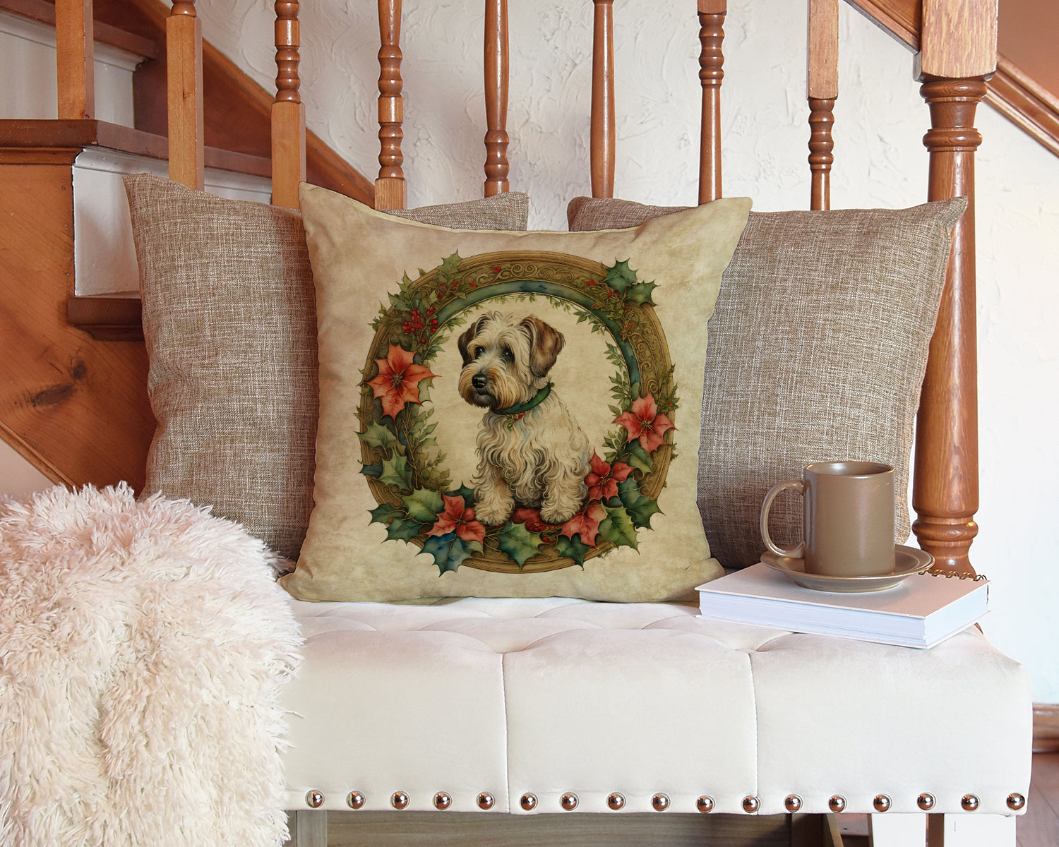 Sealyham Terrier Christmas Flowers Decorative Throw Pillow 14x14 Indoor Outdoor Accent Cushion, Fabric Cover with Insert for Sofa, Bed, Porch & Living Room