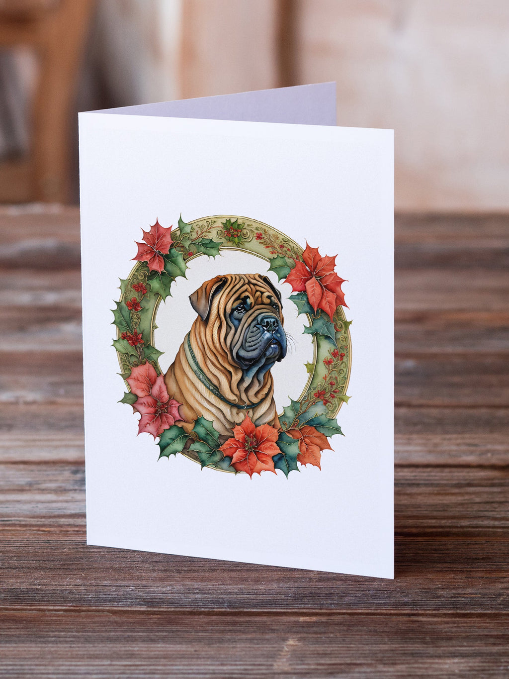 Shar Pei Christmas Flowers Greeting Cards Pack of 8 Blank Cards with Envelopes Whimsical A7 Size 5x7