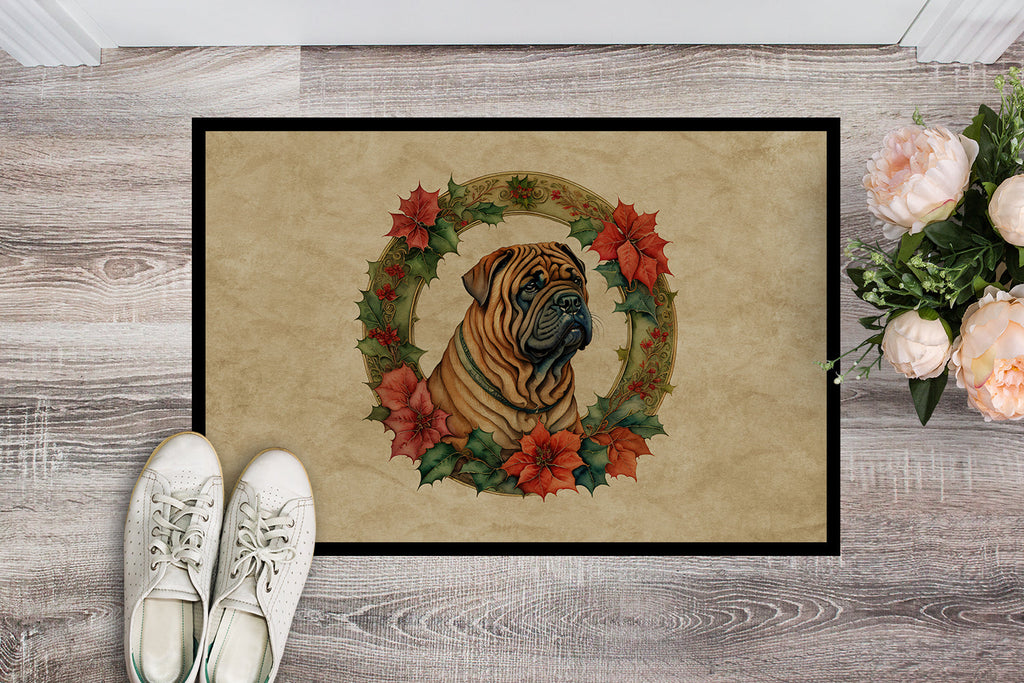 Shar Pei Christmas Flowers Doormat Indoor Outdoor 24H X 36W Front Door Mat Rugs for Entryway, Non Slip Washable Low Pile,