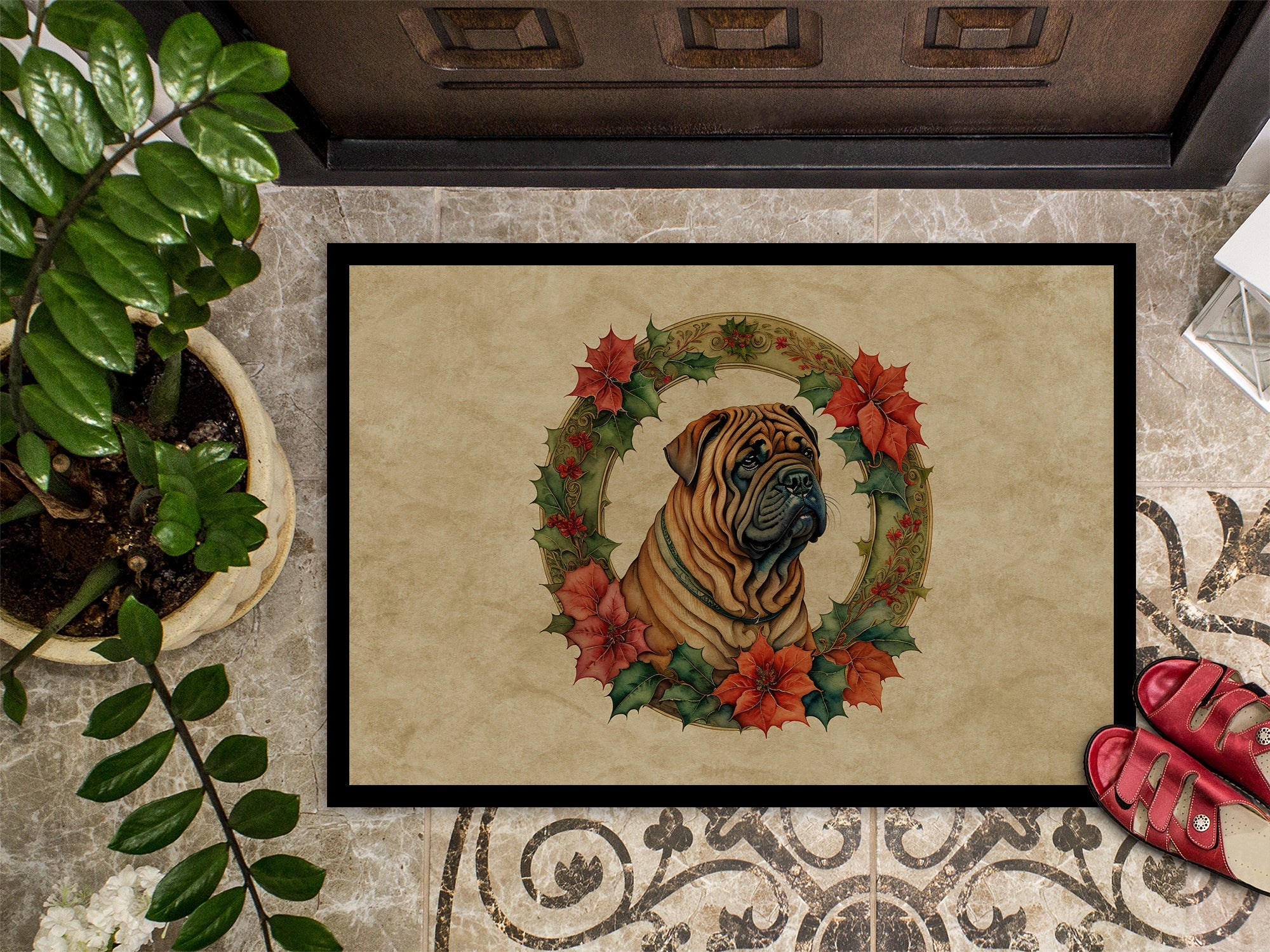 Shar Pei Christmas Flowers Doormat Indoor Outdoor 24H X 36W Front Door Mat Rugs for Entryway, Non Slip Washable Low Pile,