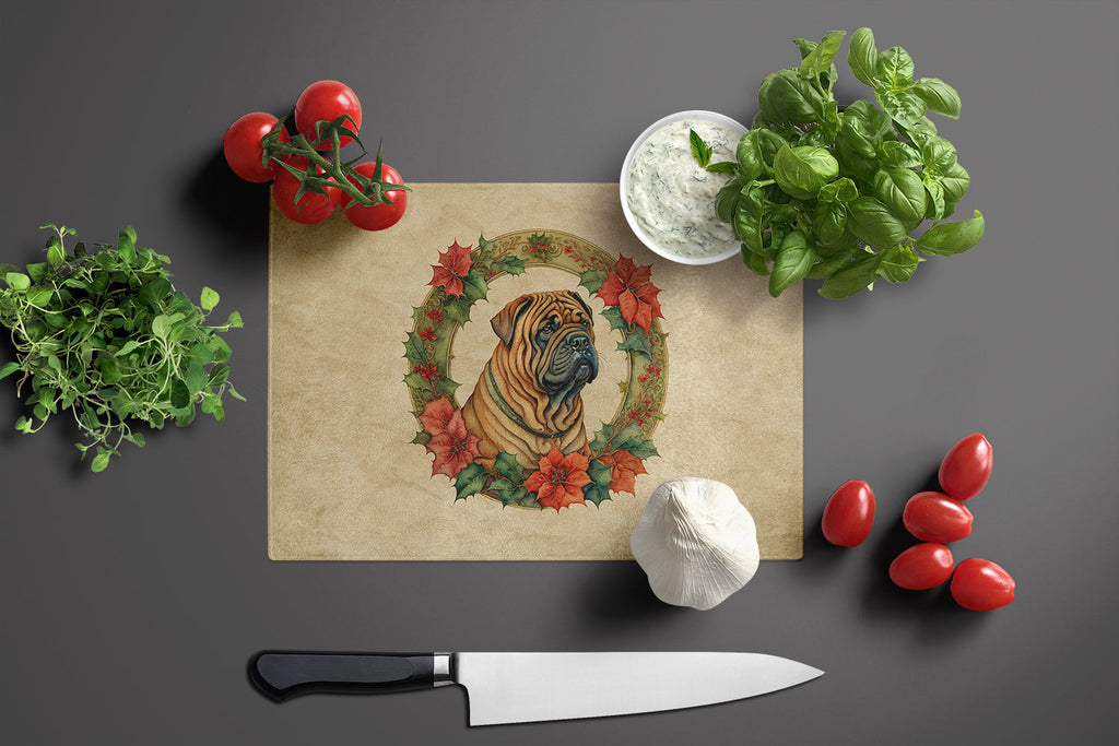 Shar Pei Christmas Flowers Cutting Board Tempered Glass Kitchen Cutting Surface, Heat Resistant Chopping, Non-Slip Feet, Food Prep & Serving