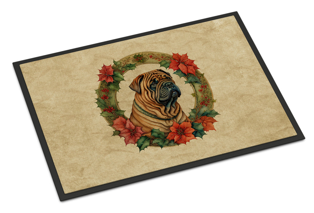 Shar Pei Christmas Flowers Doormat Indoor Outdoor 18H X 27W Front Door Mat Rugs for Entryway, Non Slip Washable