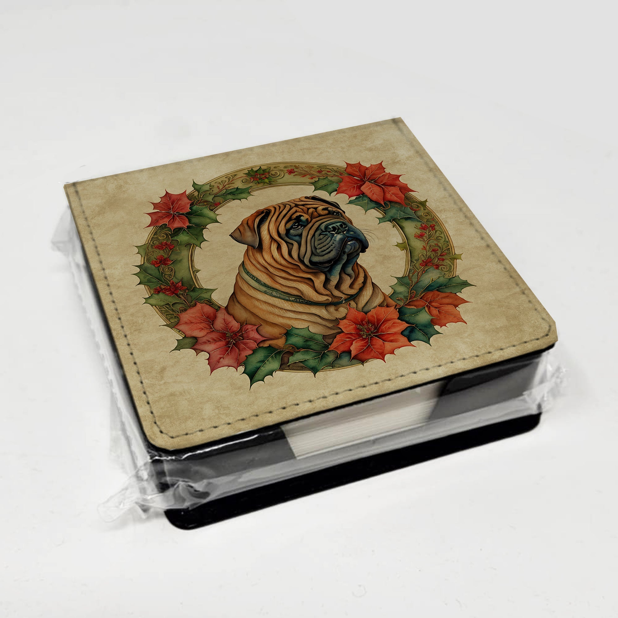 Shar Pei Christmas Flowers PU Leather Note Paper Holder with Artist-Designed Cover, Desk Accessory, Office Gift